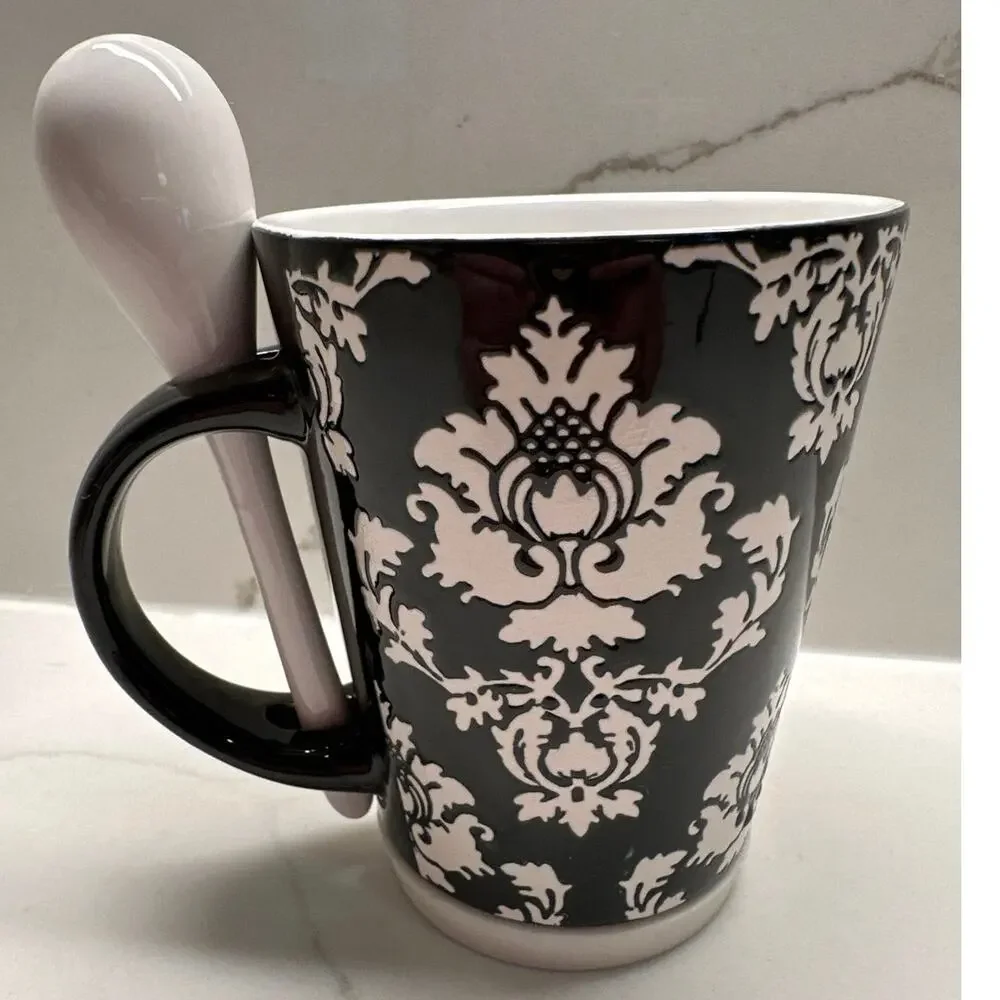 Pier 1 One Imports Black White Damask Coffee Mug With Spoon